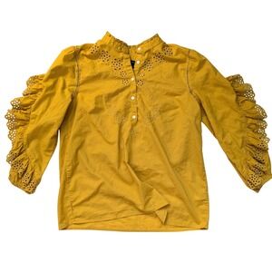 J. Crew Mustard Embroidered Button Ruffled Sleeve Blouse Women's Size Small